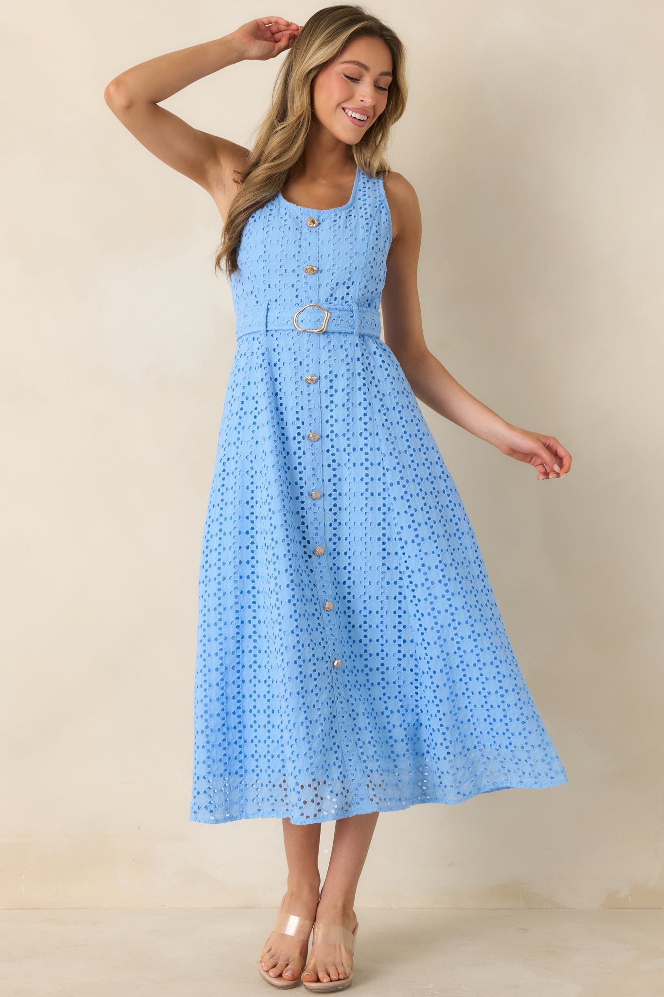 Women's Garden Society Blue Cotton Eyelet Sleeveless Midi Dress | 100% Cotton 0