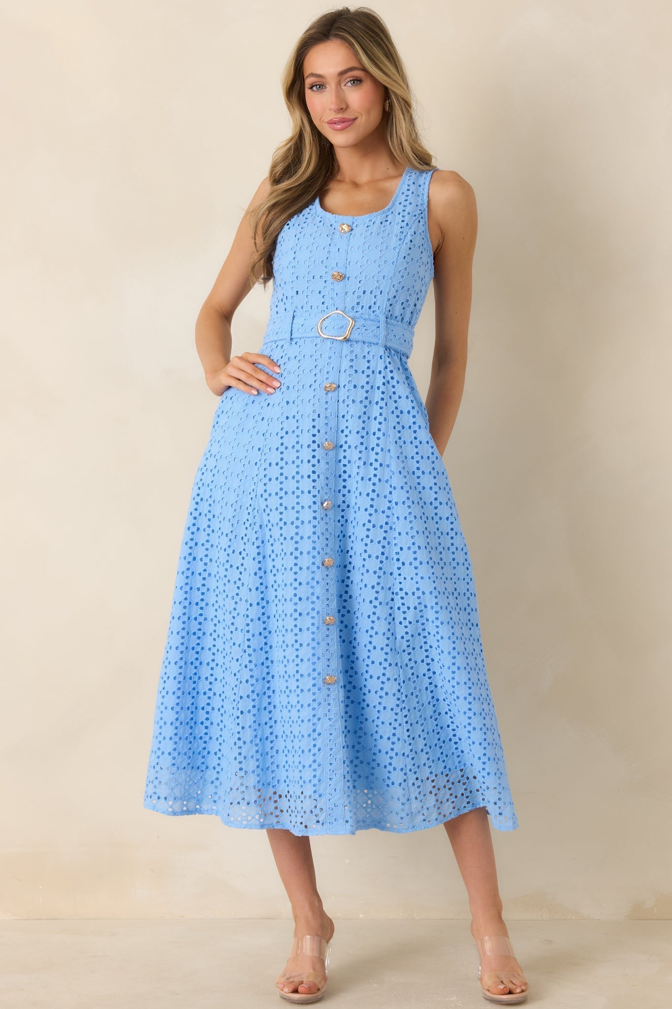 Women's Garden Society Blue Cotton Eyelet Sleeveless Midi Dress | 100% Cotton 1