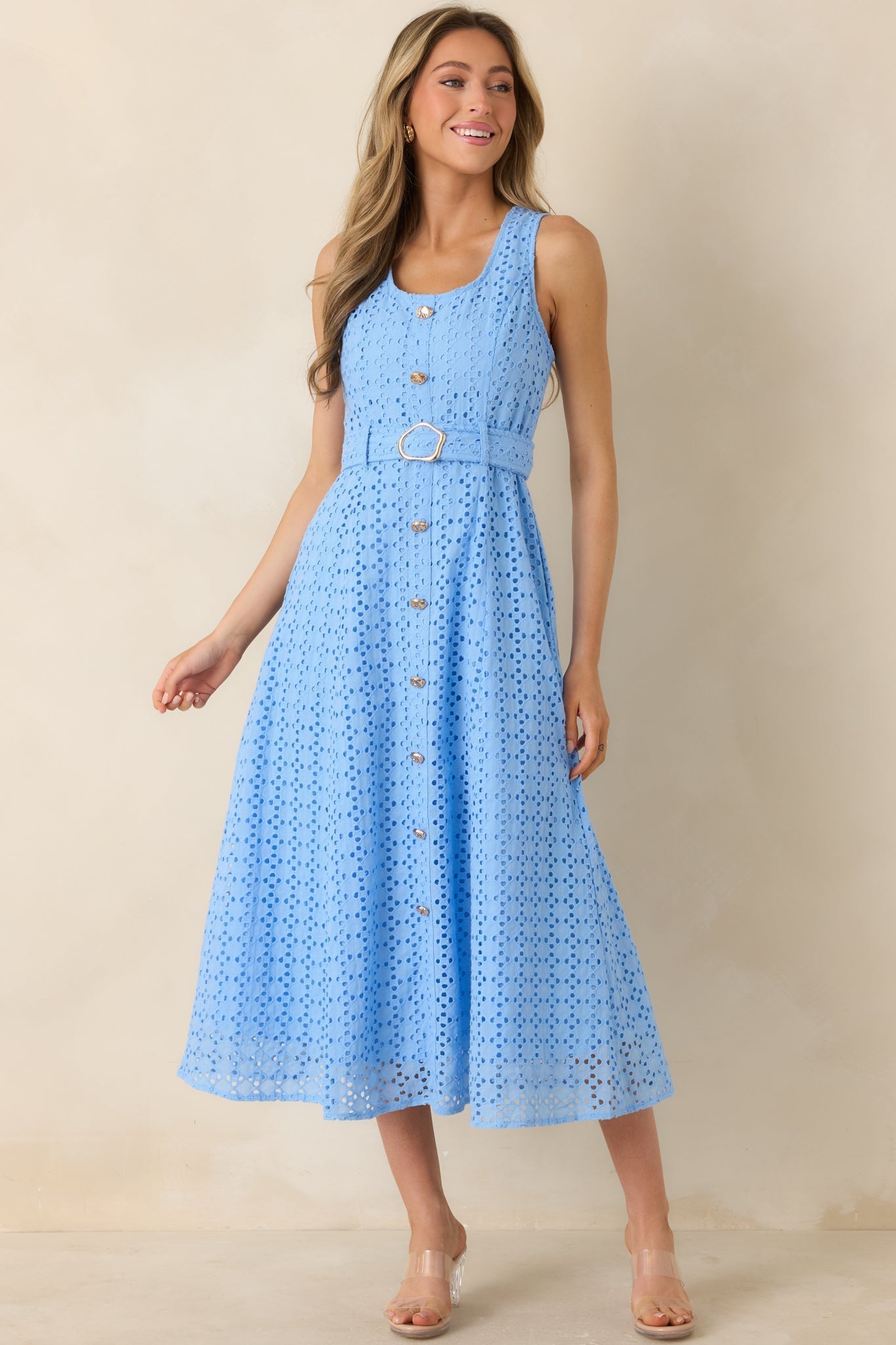Women's Garden Society Blue Cotton Eyelet Sleeveless Midi Dress | 100% Cotton 3