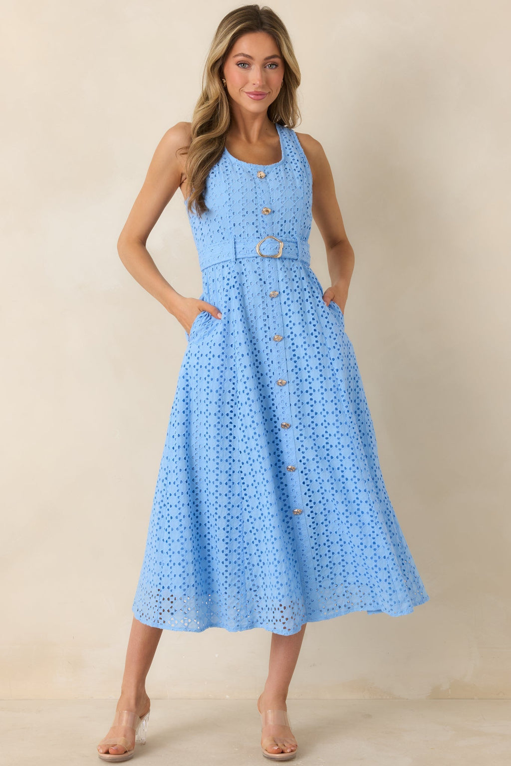 Women's Garden Society Blue Cotton Eyelet Sleeveless Midi Dress | 100% Cotton 4