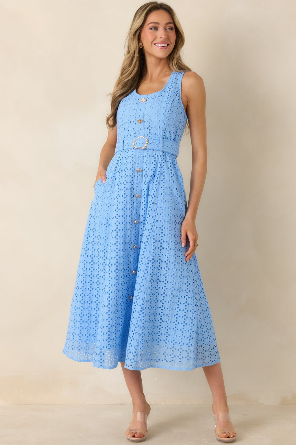 Women's Garden Society Blue Cotton Eyelet Sleeveless Midi Dress | 100% Cotton 6