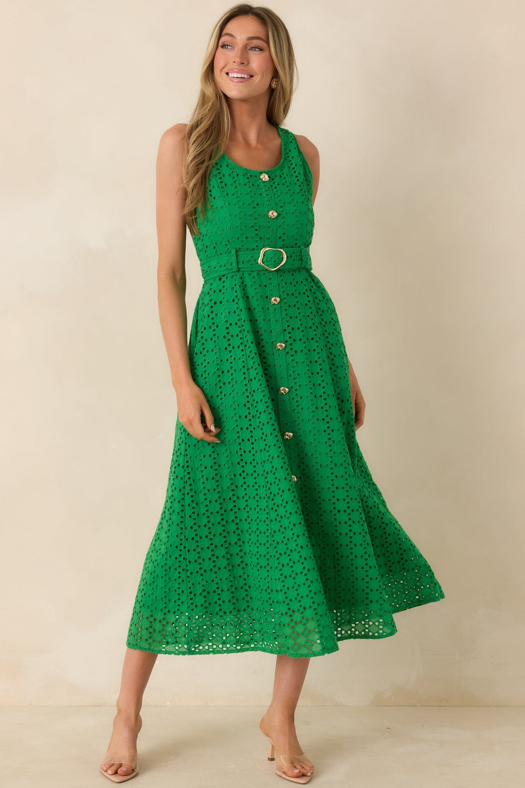 Women's Garden Society Green Cotton Eyelet Sleeveless Midi Dress | 100% Cotton 0