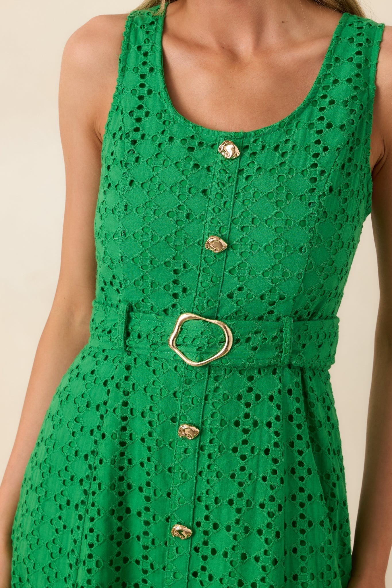 Women's Garden Society Green Cotton Eyelet Sleeveless Midi Dress | 100% Cotton 1