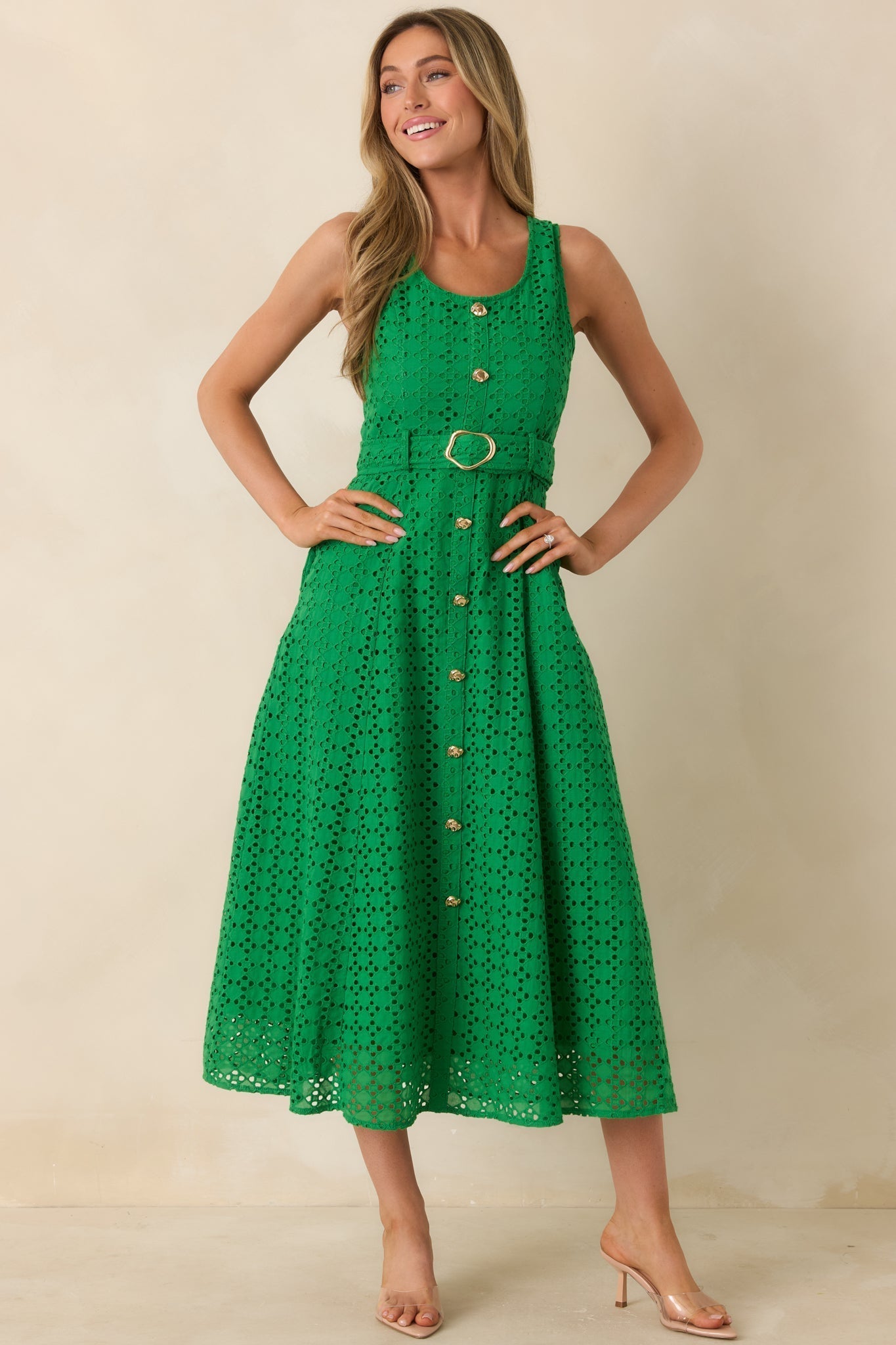 Women's Garden Society Green Cotton Eyelet Sleeveless Midi Dress | 100% Cotton 2