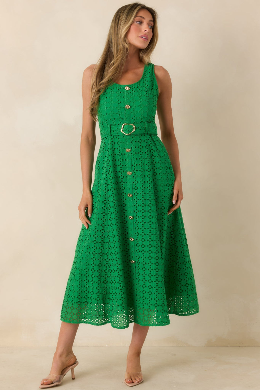 Women's Garden Society Green Cotton Eyelet Sleeveless Midi Dress | 100% Cotton 3