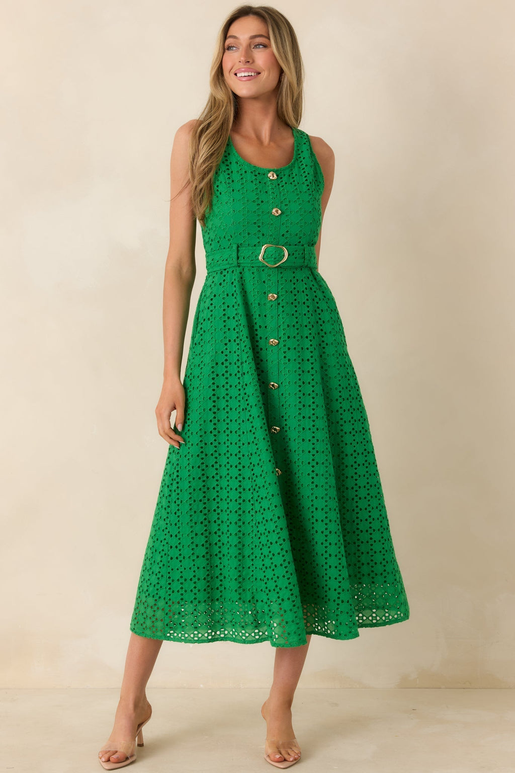 Women's Garden Society Green Cotton Eyelet Sleeveless Midi Dress | 100% Cotton 4