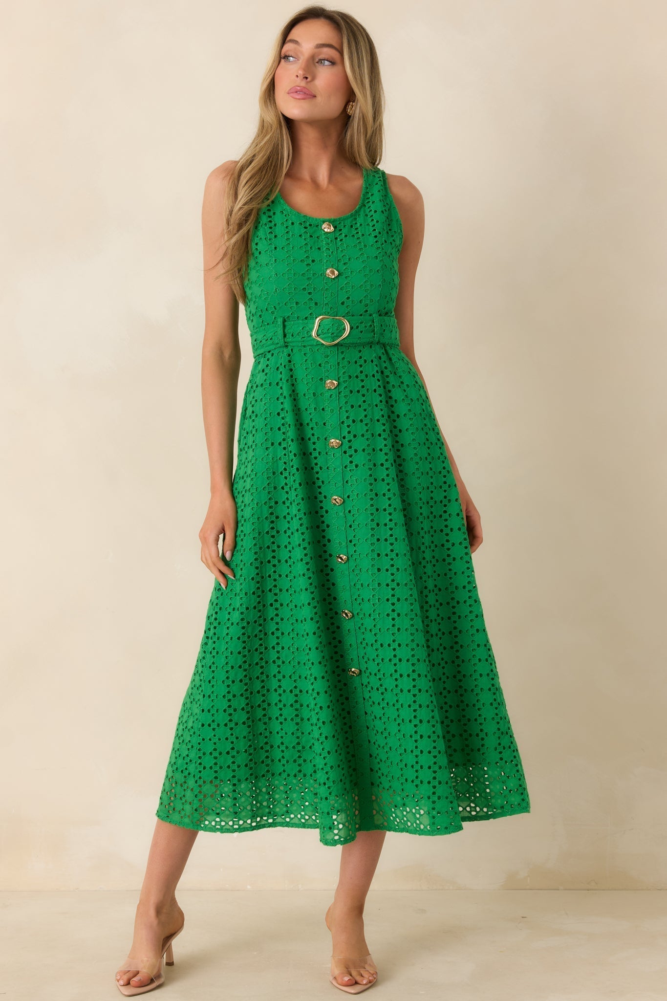 Women's Garden Society Green Cotton Eyelet Sleeveless Midi Dress | 100% Cotton 5