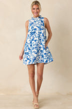 Women's Garden Song Blue & White Bird Print Sleeveless Mock Neck Mini Dress | 96% Polyester & 4% Spandex 0