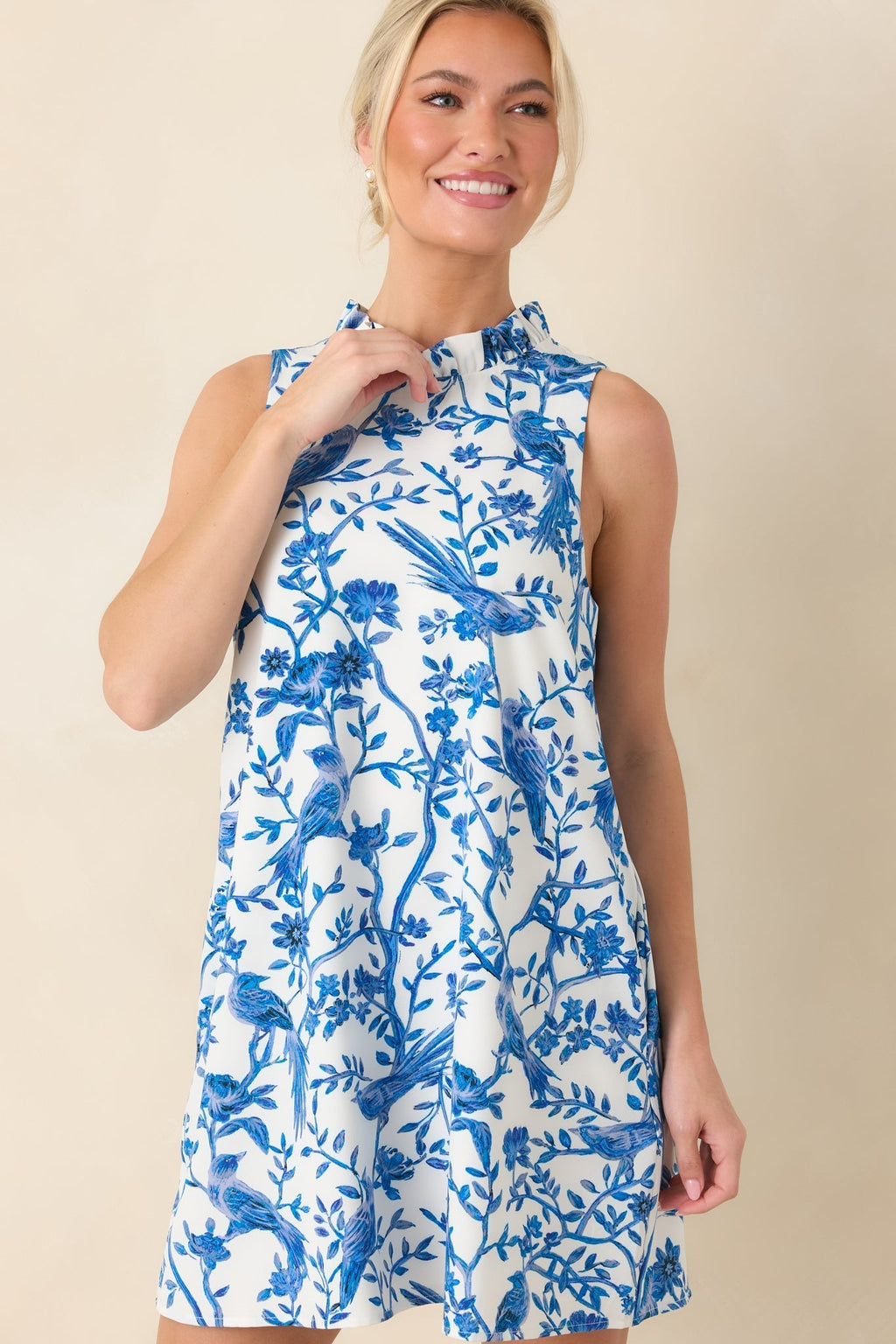 Women's Garden Song Blue & White Bird Print Sleeveless Mock Neck Mini Dress | 96% Polyester & 4% Spandex 5