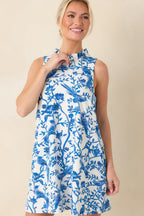 Women's Garden Song Blue & White Bird Print Sleeveless Mock Neck Mini Dress | 96% Polyester & 4% Spandex 5