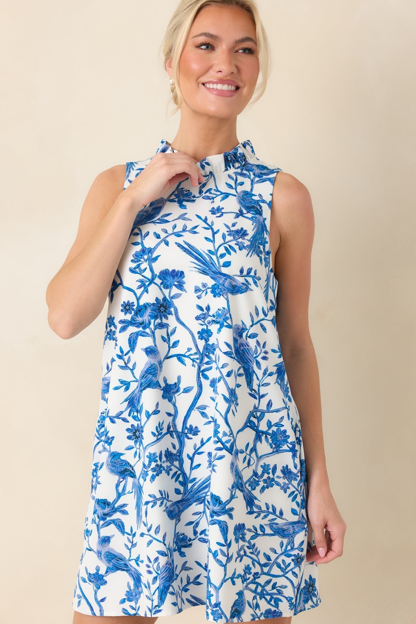 Women's Garden Song Blue & White Bird Print Sleeveless Mock Neck Mini Dress | 96% Polyester & 4% Spandex 5