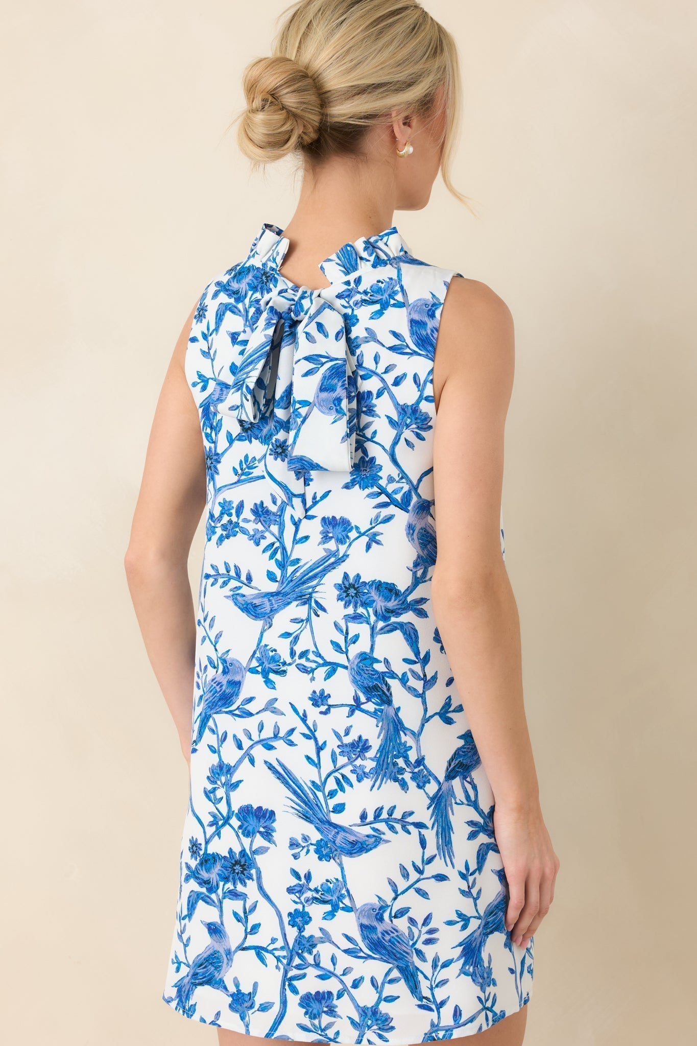 Women's Garden Song Blue & White Bird Print Sleeveless Mock Neck Mini Dress | 96% Polyester & 4% Spandex 6