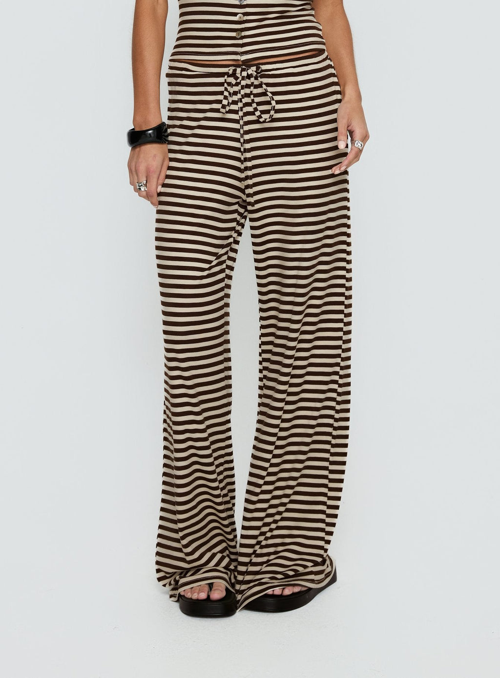 Women's Gavrielle Jersey Wide Leg Pants Chocolate / Cream Stripe | Wide-leg pants in mid-rise fit 1