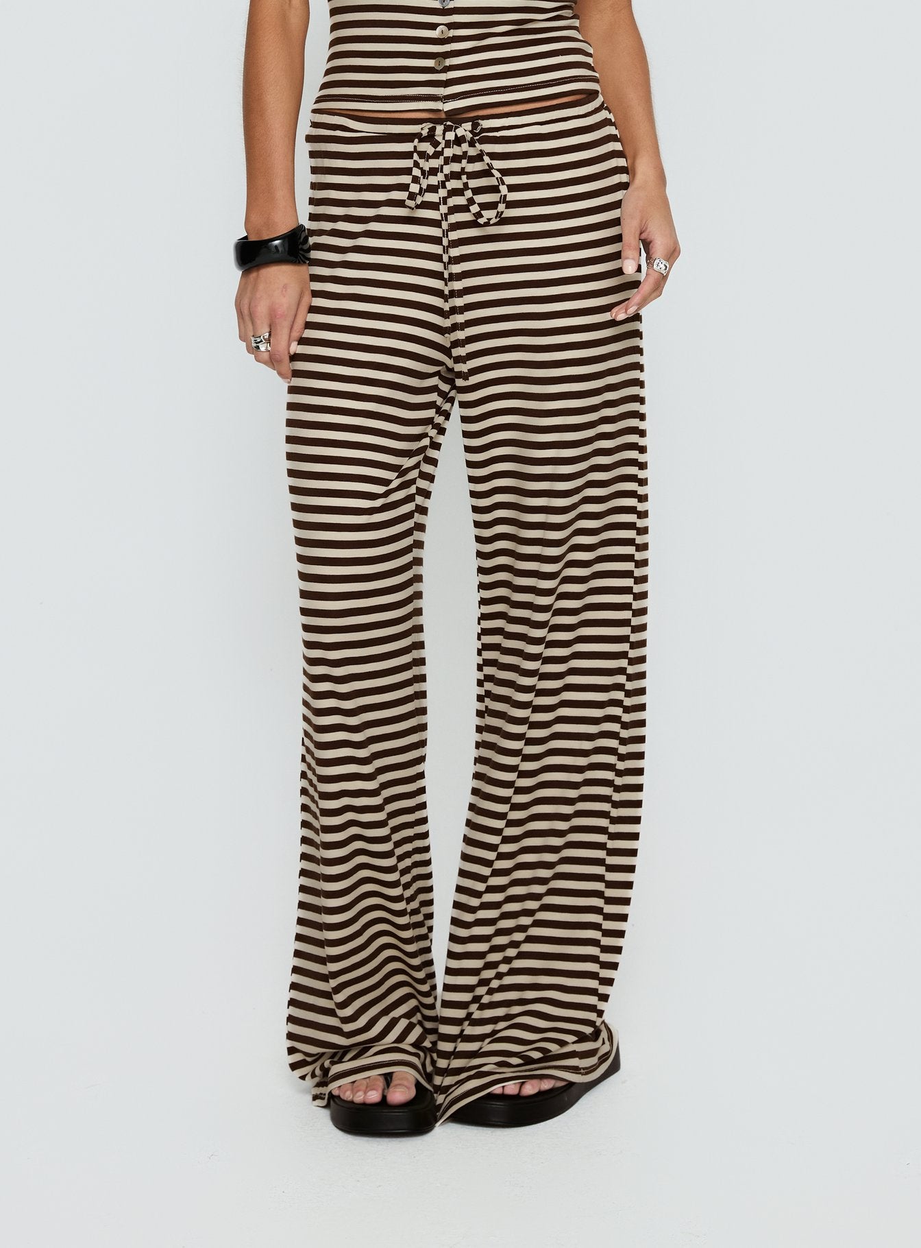 Women's Gavrielle Jersey Wide Leg Pants Chocolate / Cream Stripe | Wide-leg pants in mid-rise fit 1