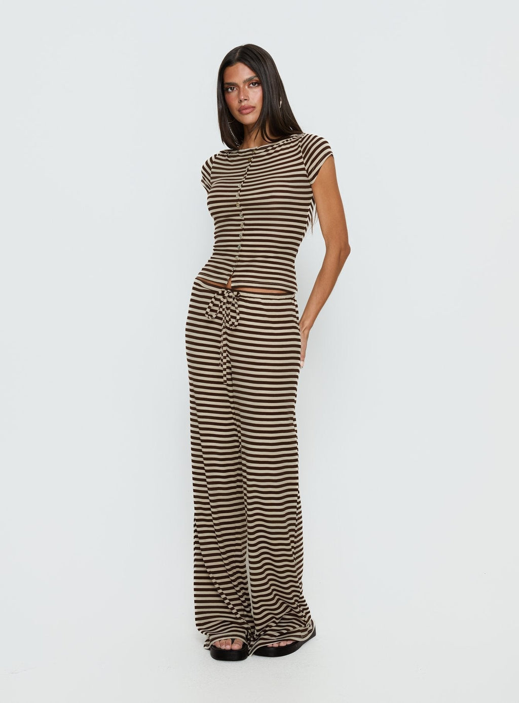 Women's Gavrielle Jersey Wide Leg Pants Chocolate / Cream Stripe | Wide-leg pants in mid-rise fit 2