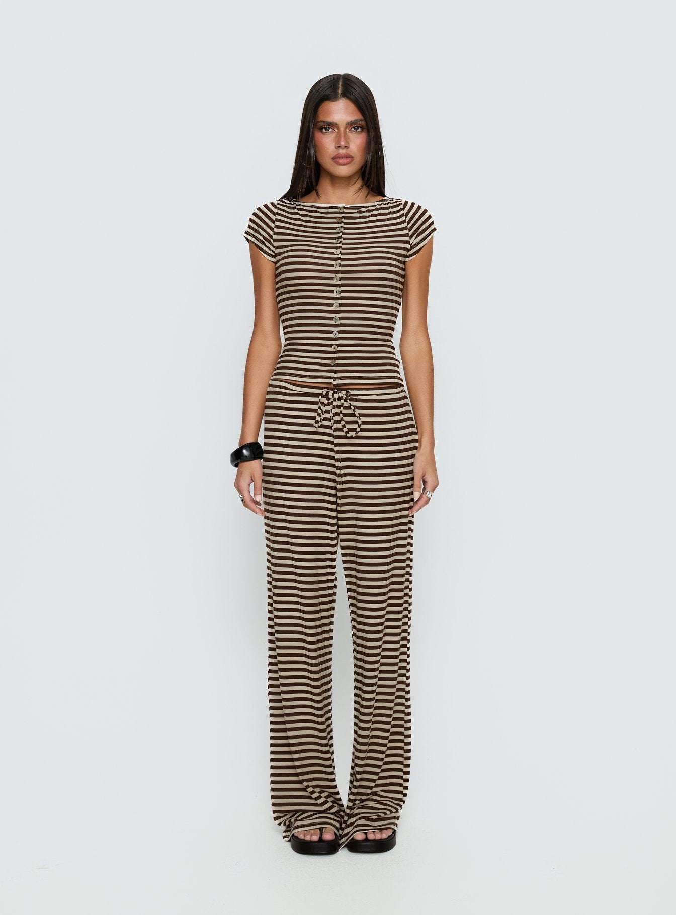 Women's Gavrielle Jersey Wide Leg Pants Chocolate / Cream Stripe | Wide-leg pants in mid-rise fit 6