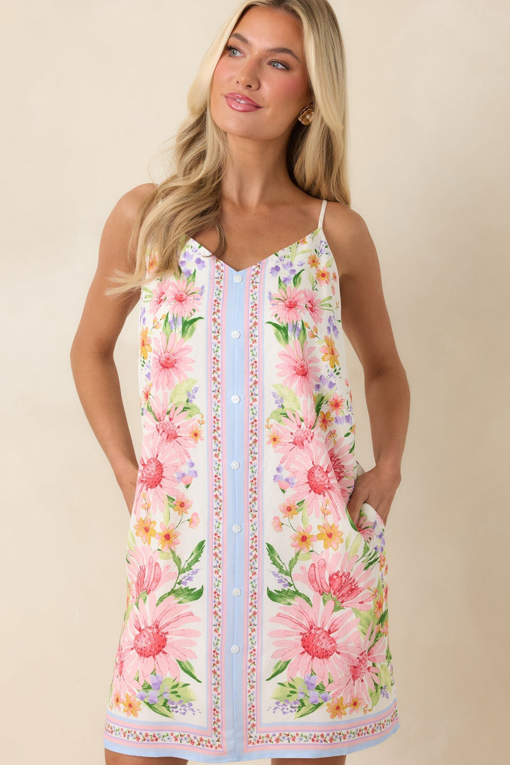 Women's Gonna Go My Way Pink Multi Floral Button Front Mini Dress | 70% Rayon & 30% Linen 1
