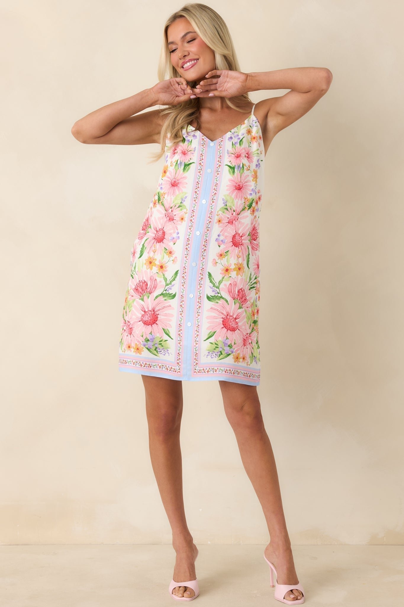 Women's Gonna Go My Way Pink Multi Floral Button Front Mini Dress | 70% Rayon & 30% Linen 5