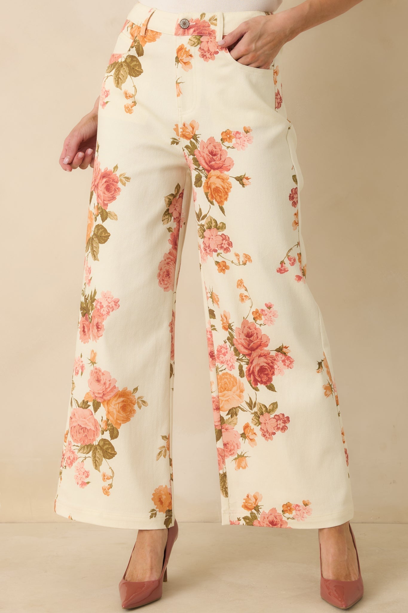 Women's Grace in Motion Pink Floral Print Cotton Wide Leg Pants | 97% Cotton & 3% Spandex 0