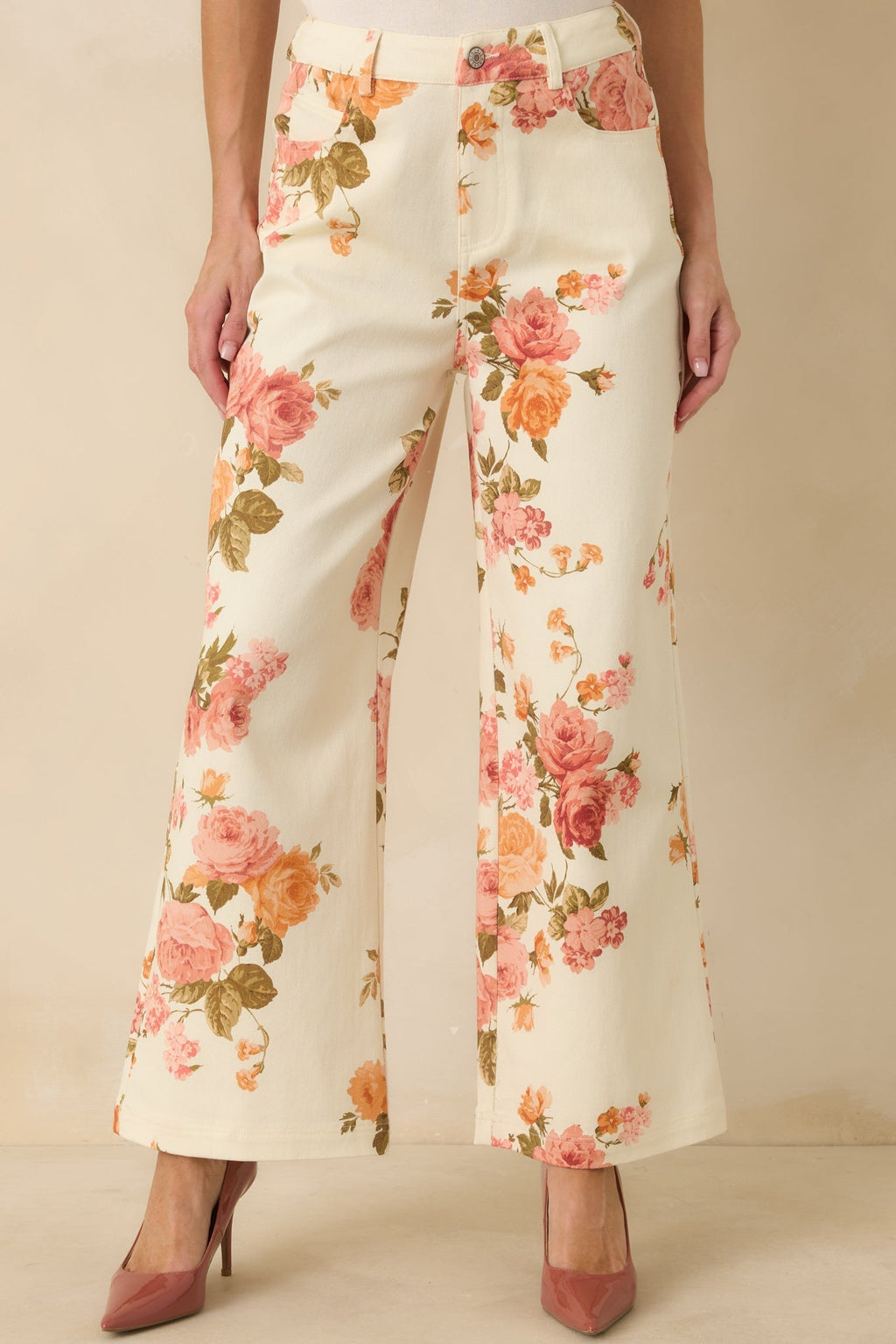 Women's Grace in Motion Pink Floral Print Cotton Wide Leg Pants | 97% Cotton & 3% Spandex 2