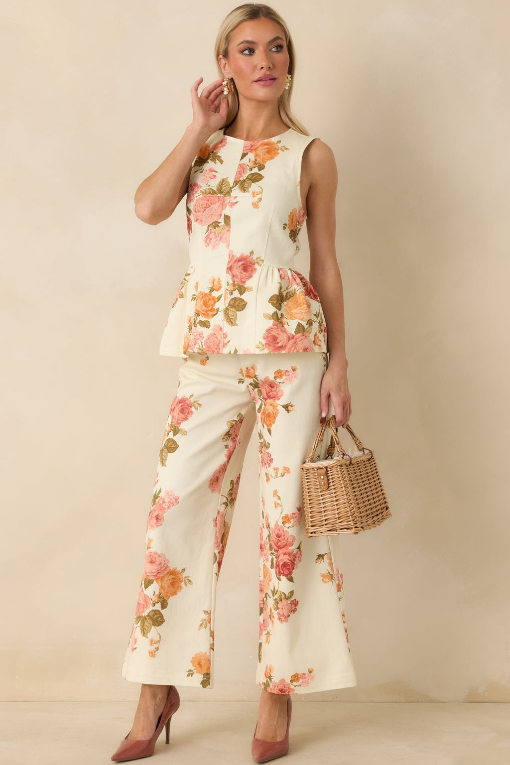Women's Grace in Motion Pink Floral Print Cotton Wide Leg Pants | 97% Cotton & 3% Spandex 3