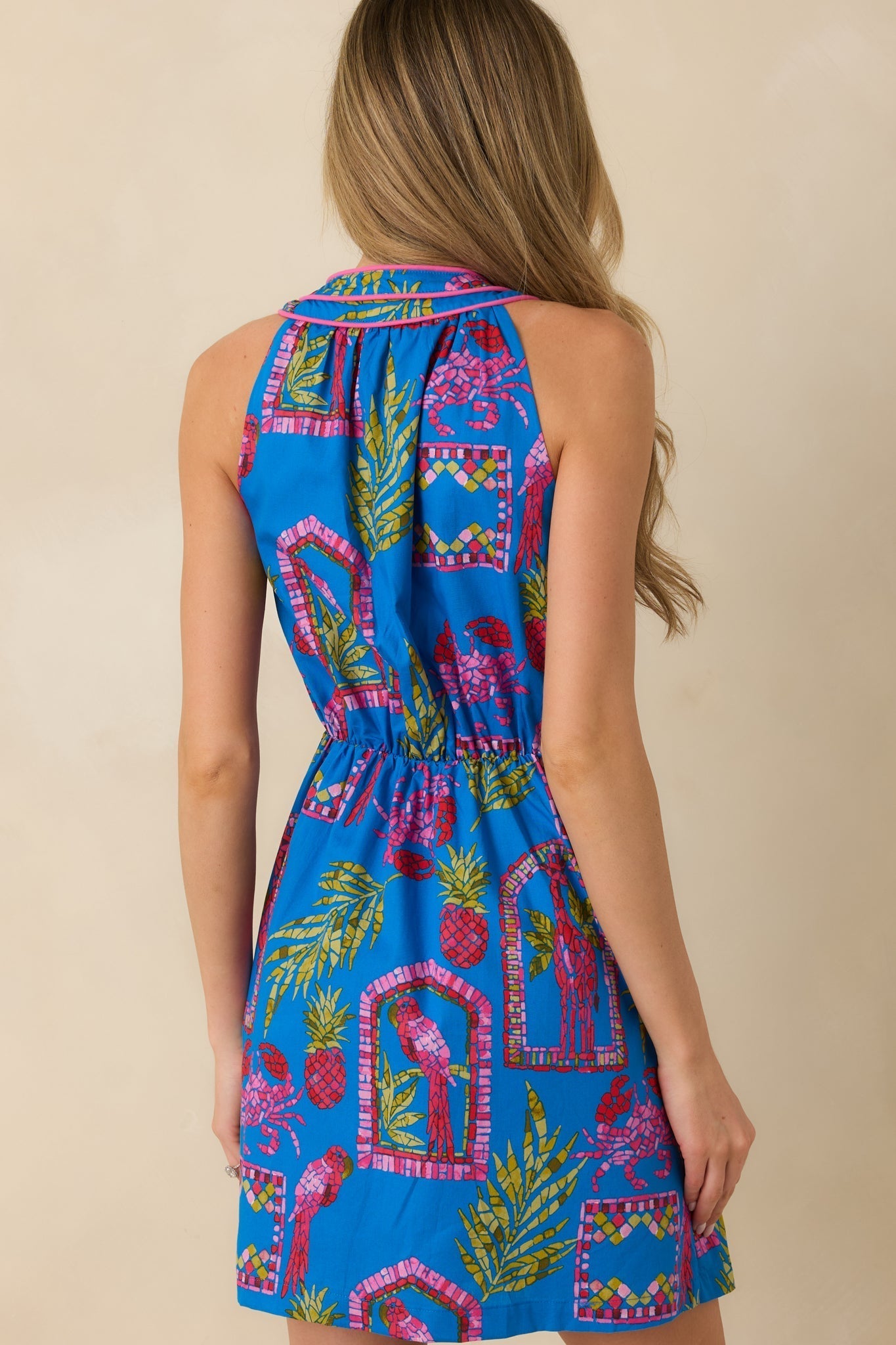 Women's Greetings From the Coast Blue Multi Cotton Tropical Mosaic Print Mini Dress | 100% CottonContrast: 100% Cotton 7