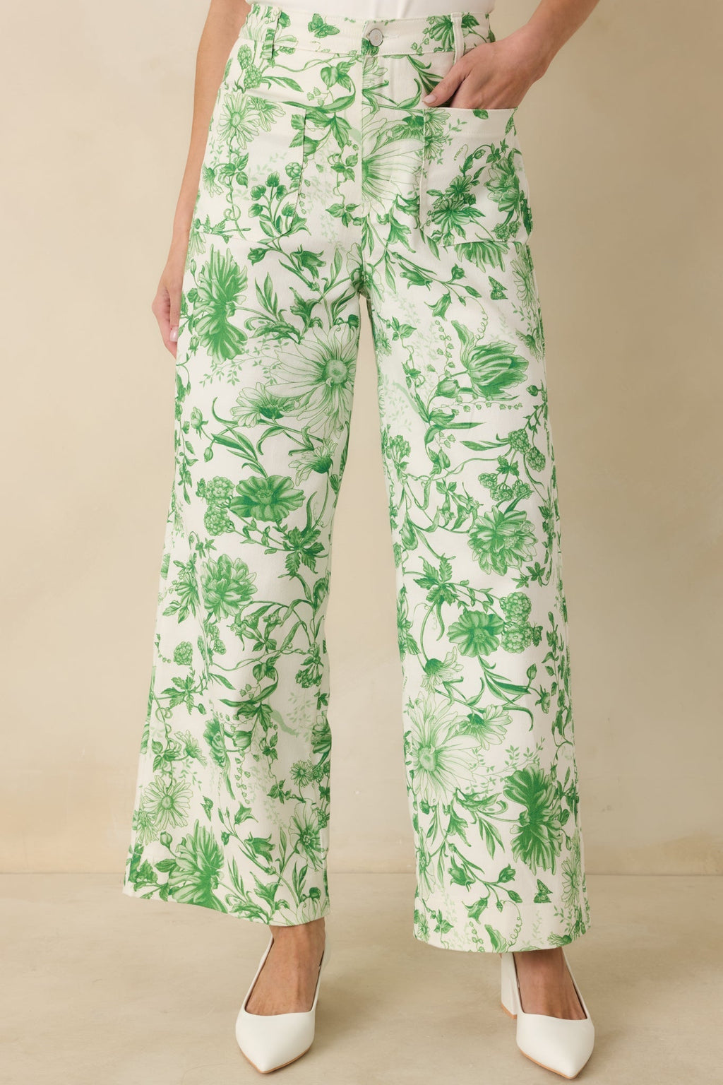 Women's Grow Your Own Way Green Floral Print Cotton Wide Leg Pants | 95% Cotton & 5% Spandex 0