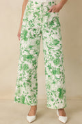 Women's Grow Your Own Way Green Floral Print Cotton Wide Leg Pants | 95% Cotton & 5% Spandex 0