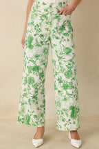 Women's Grow Your Own Way Green Floral Print Cotton Wide Leg Pants | 95% Cotton & 5% Spandex 0