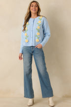 Women's Handpicked Memories Light Blue Floral Appliqué Cardigan | 65% Polyester 0