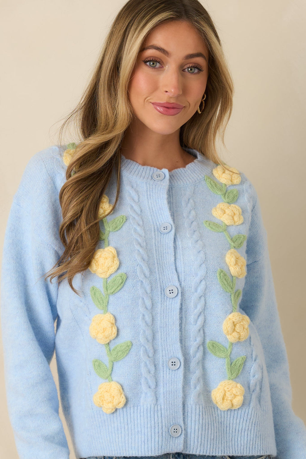Women's Handpicked Memories Light Blue Floral Appliqué Cardigan | 65% Polyester 1