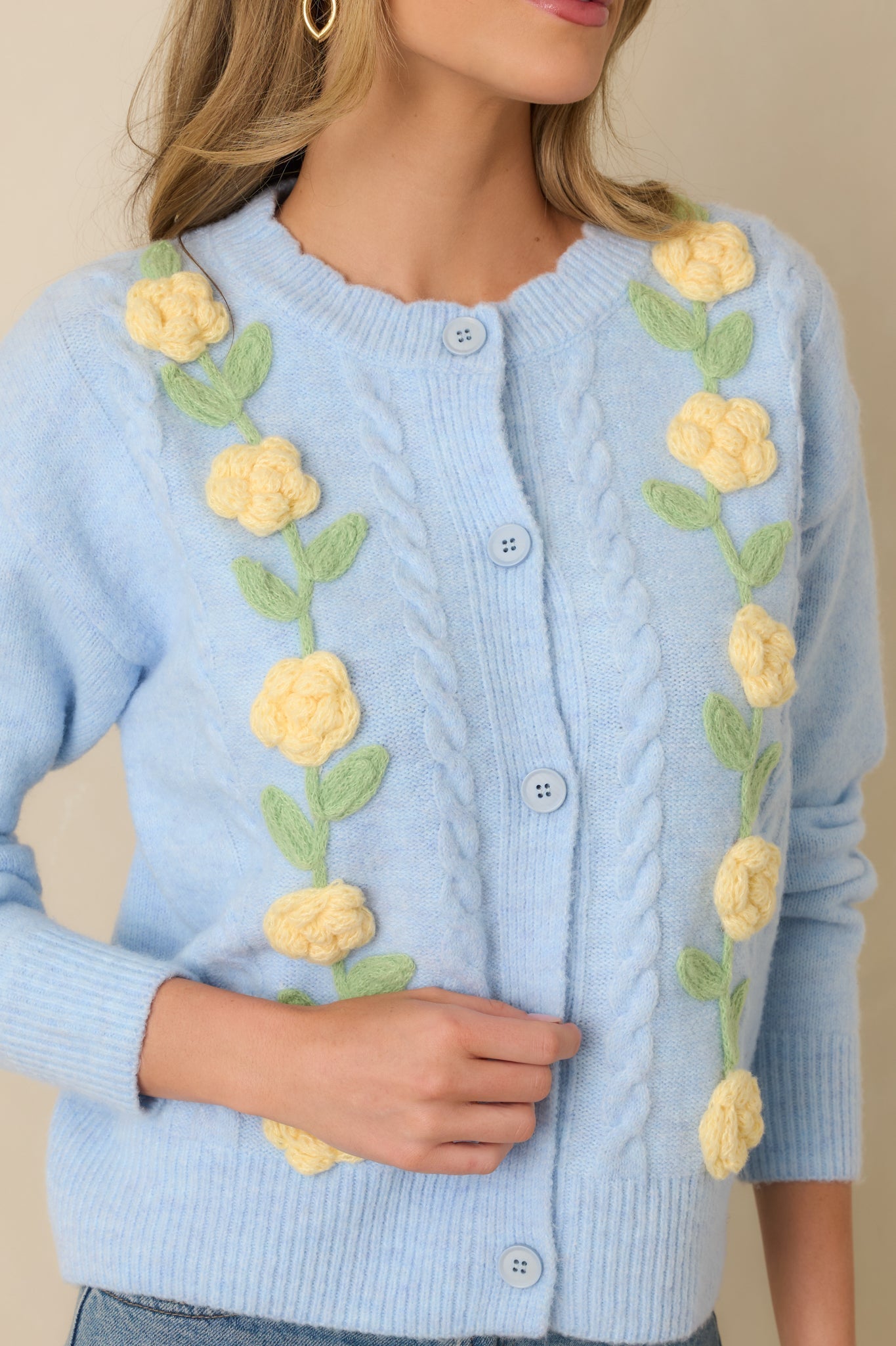 Women's Handpicked Memories Light Blue Floral Appliqué Cardigan | 65% Polyester 2
