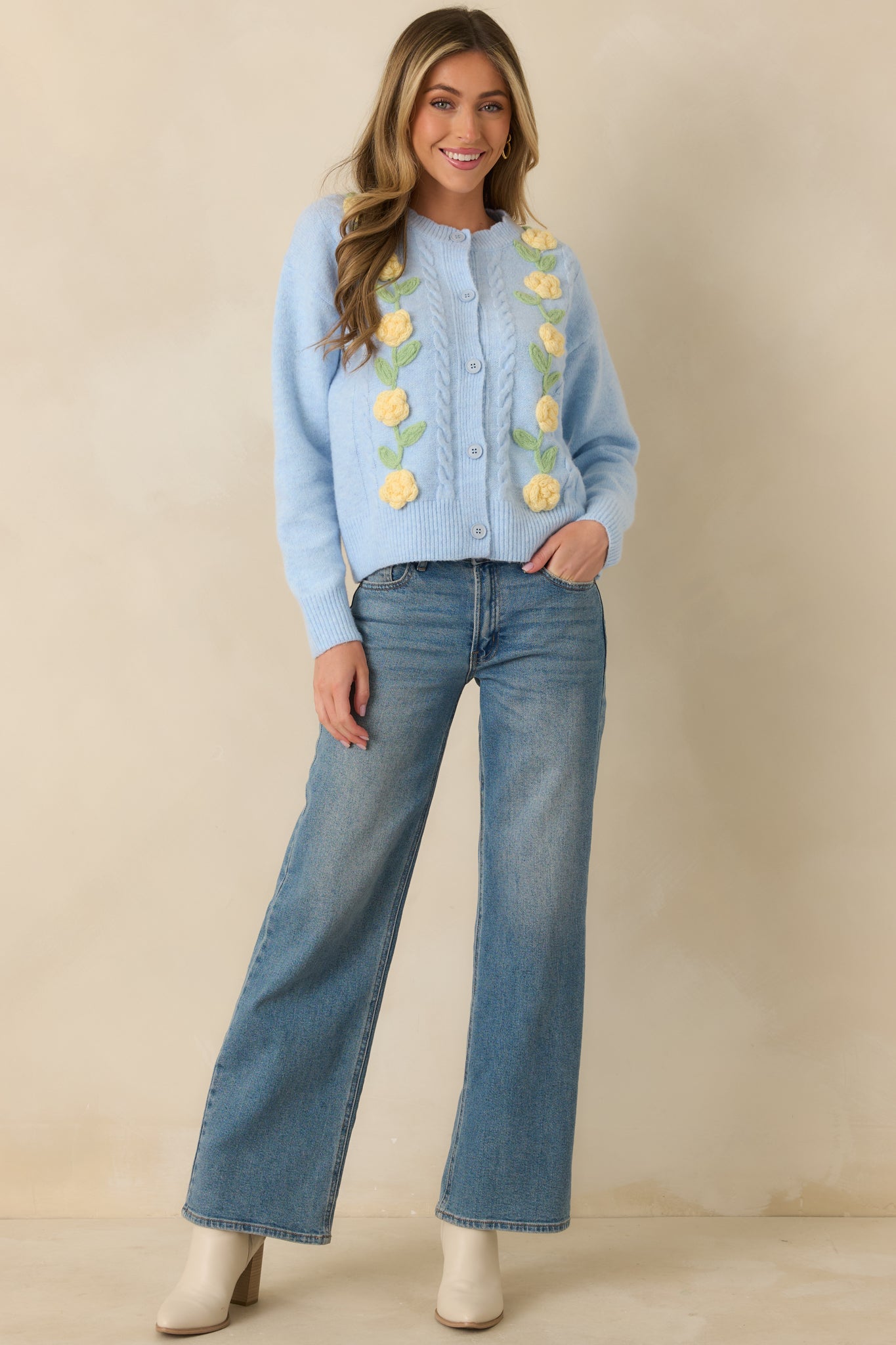 Women's Handpicked Memories Light Blue Floral Appliqué Cardigan | 65% Polyester 3