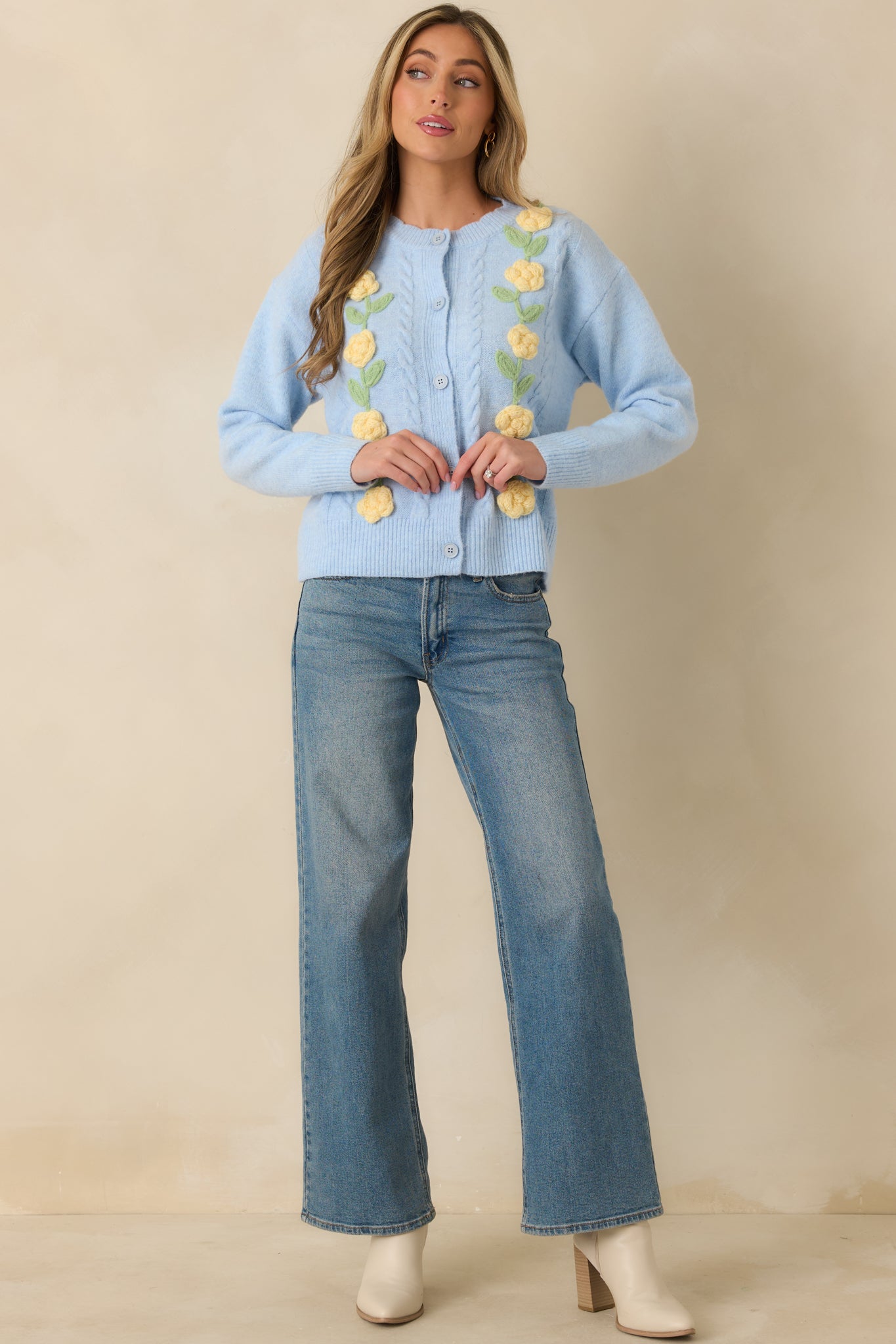 Women's Handpicked Memories Light Blue Floral Appliqué Cardigan | 65% Polyester 4