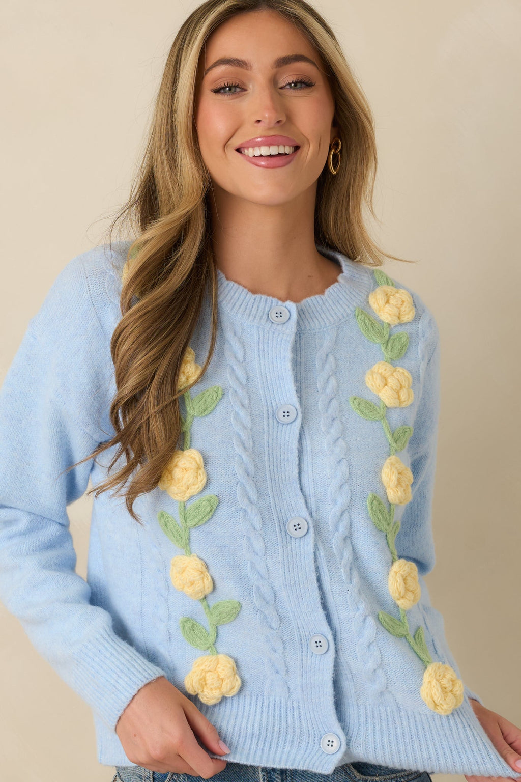 Women's Handpicked Memories Light Blue Floral Appliqué Cardigan | 65% Polyester 5