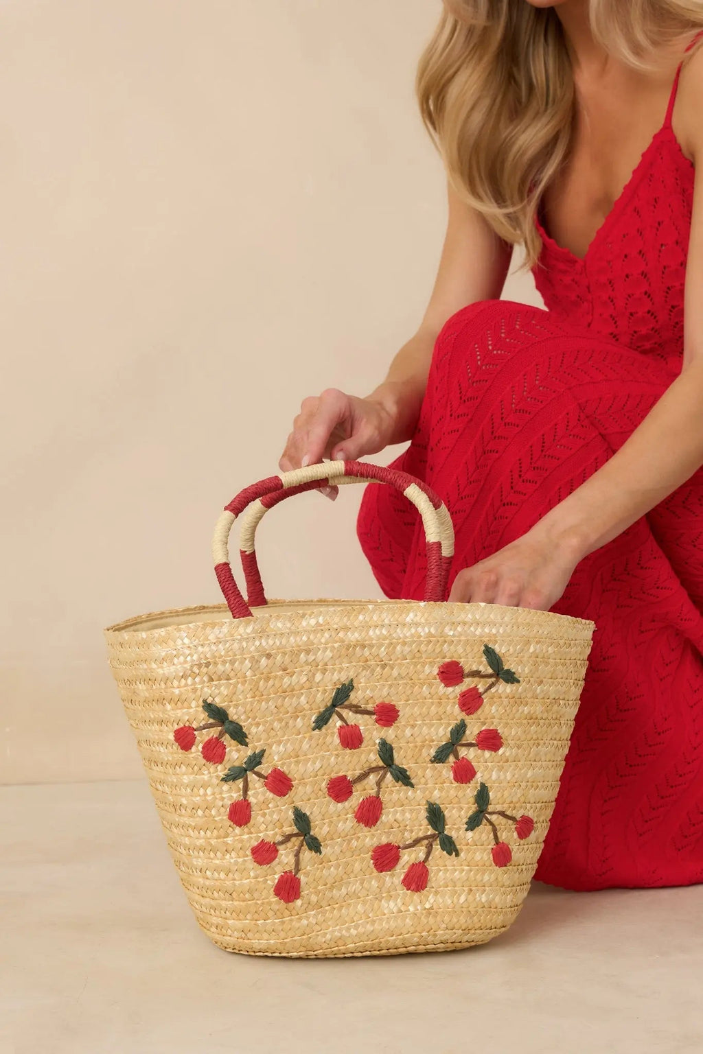 Women's Happened So Sweetly Natural Woven Cherry Embroidered Tote Bag | This Bag Measures 13" in Length 0