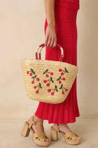 Women's Happened So Sweetly Natural Woven Cherry Embroidered Tote Bag | This Bag Measures 13" in Length 2