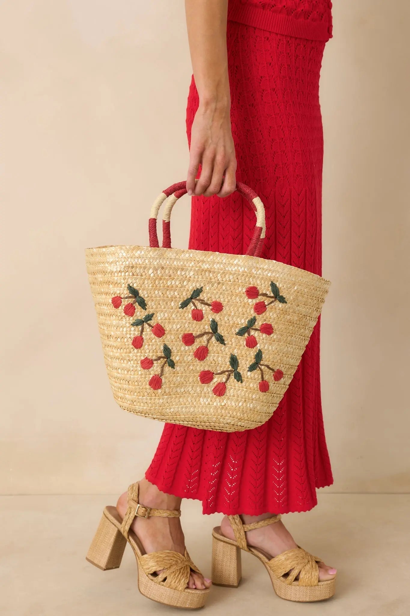 Women's Happened So Sweetly Natural Woven Cherry Embroidered Tote Bag | This Bag Measures 13" in Length 2