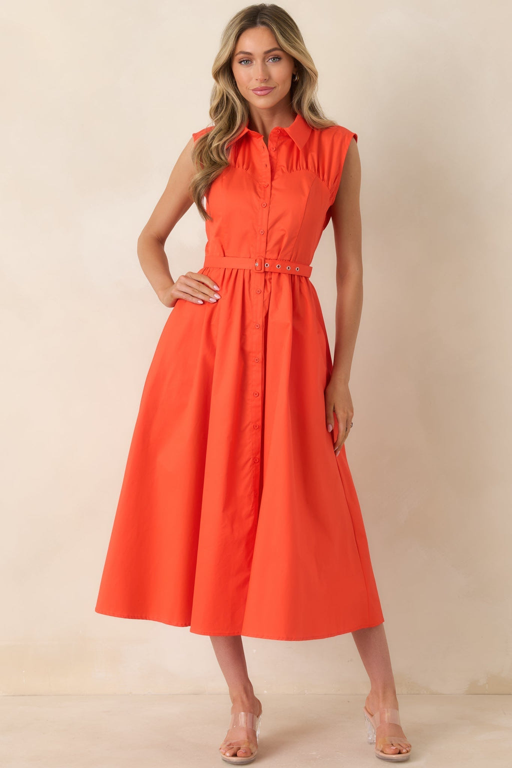 Women's Hello Gorgeous Orange Cotton Belted Sleeveless Midi Dress | 100% Cotton 0