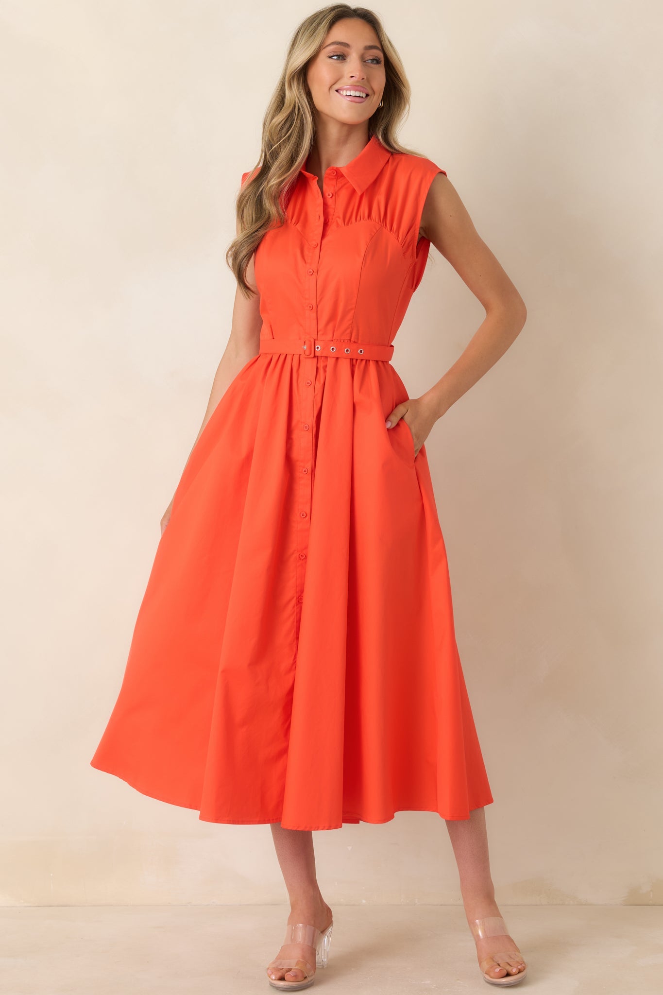 Women's Hello Gorgeous Orange Cotton Belted Sleeveless Midi Dress | 100% Cotton 2