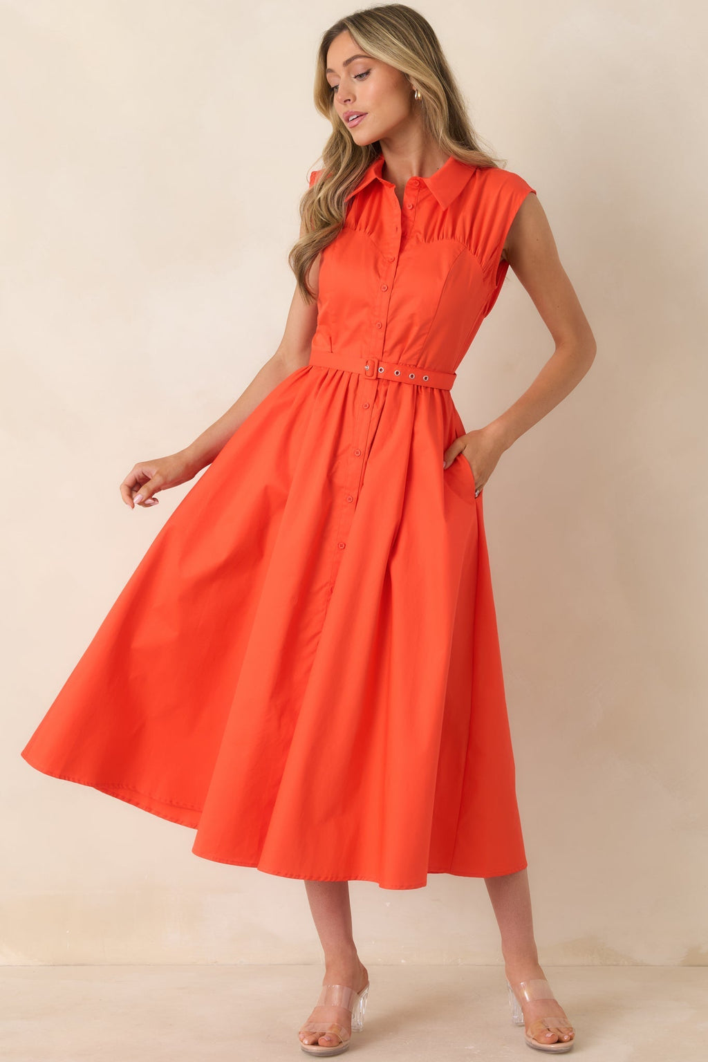 Women's Hello Gorgeous Orange Cotton Belted Sleeveless Midi Dress | 100% Cotton 3
