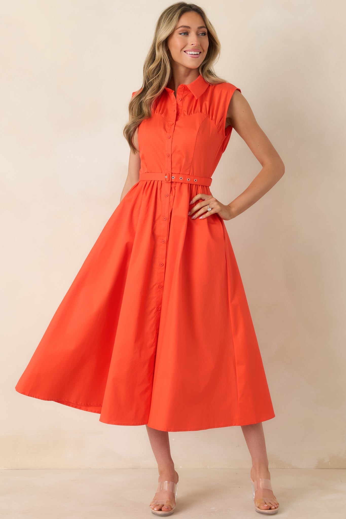 Women's Hello Gorgeous Orange Cotton Belted Sleeveless Midi Dress | 100% Cotton 4