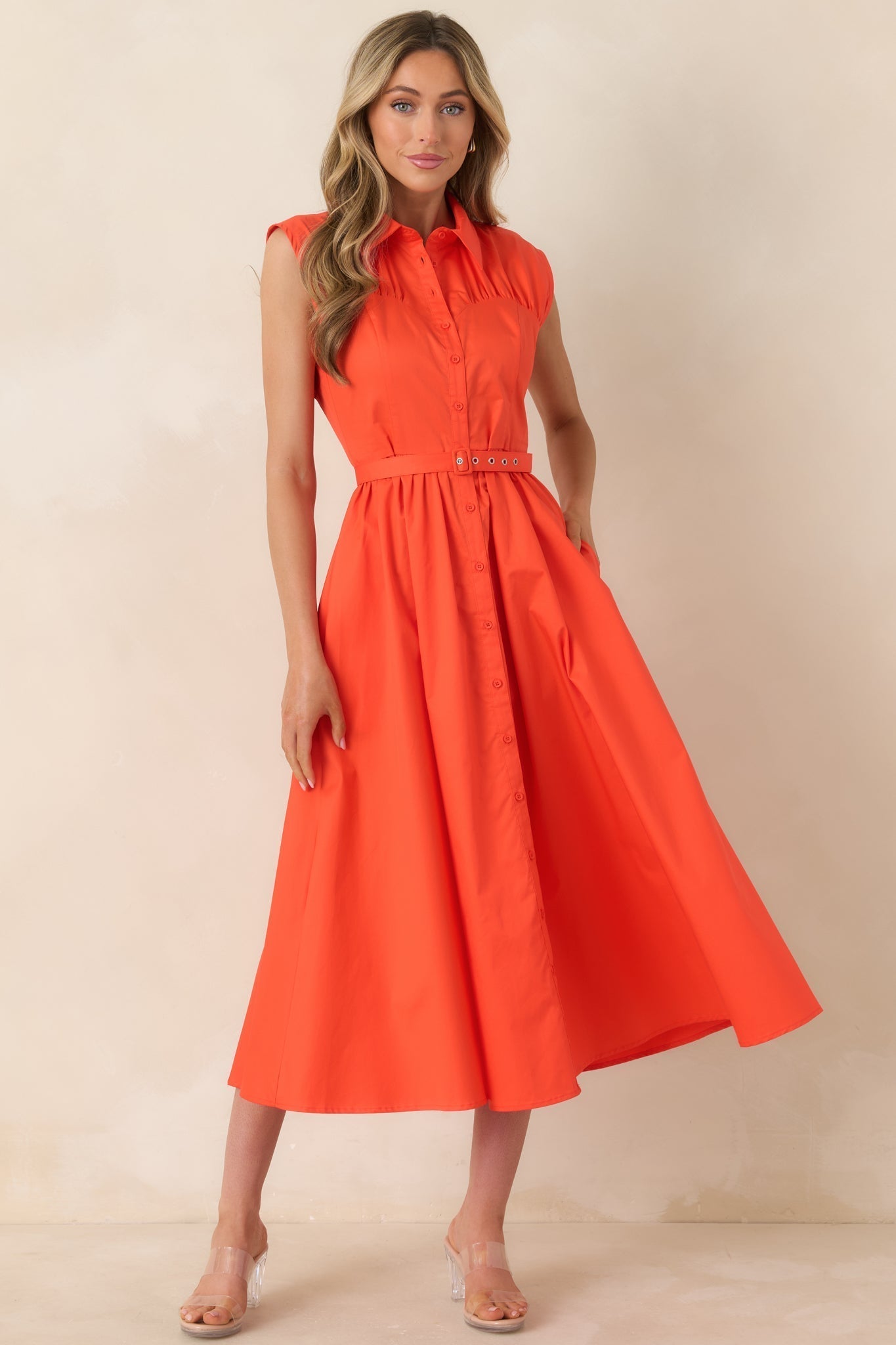 Women's Hello Gorgeous Orange Cotton Belted Sleeveless Midi Dress | 100% Cotton 5