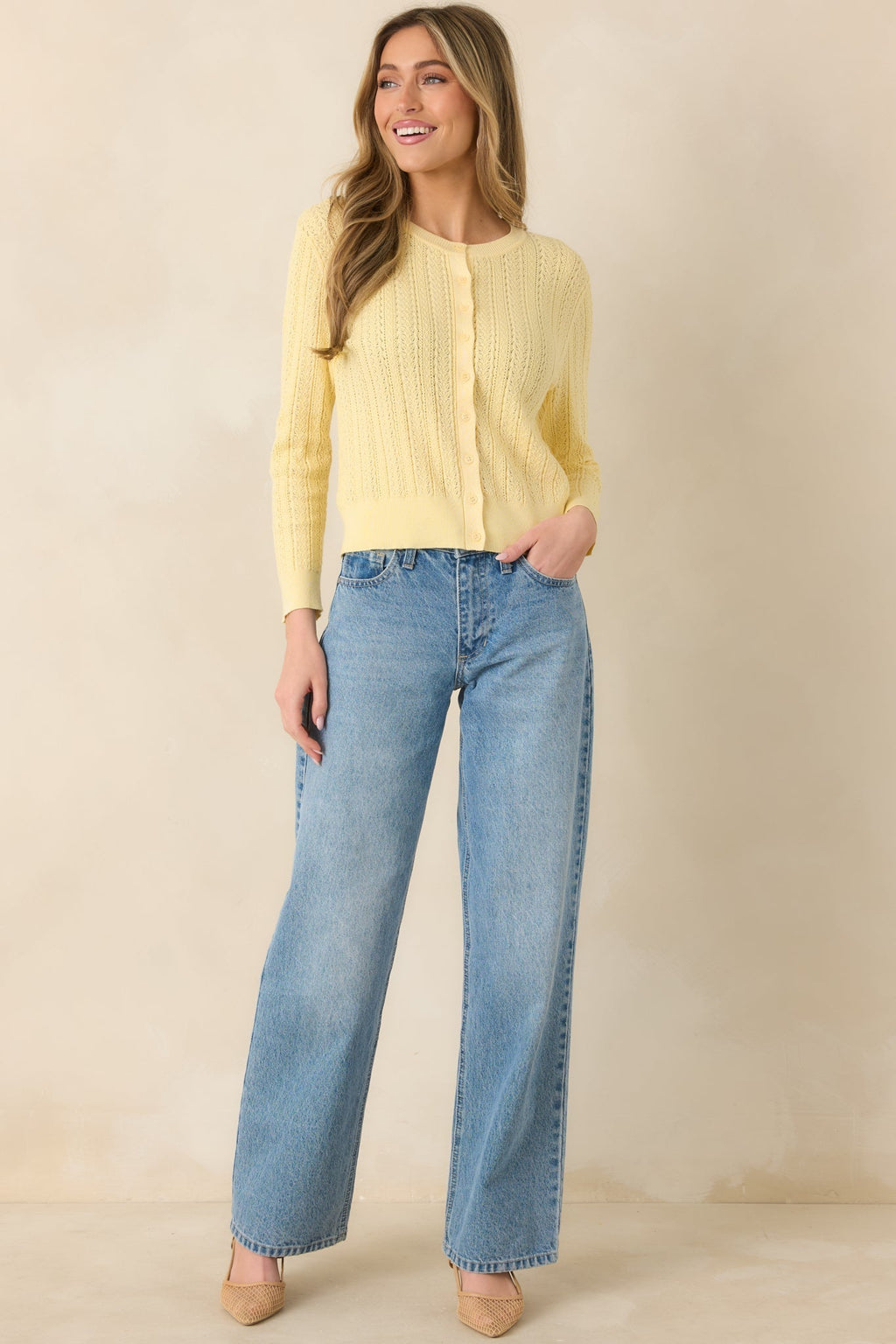 Women's Hello Sunshine Butter Yellow Pointelle Knit Cardigan | 80% Viscose & 20% Nylon 0