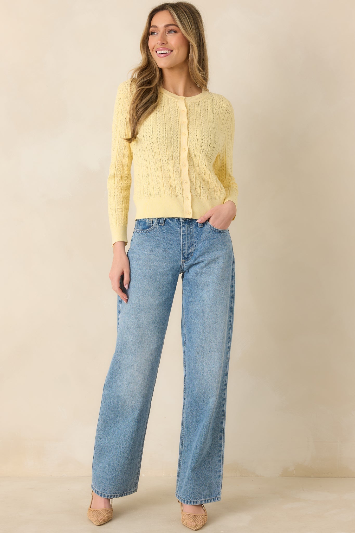 Women's Hello Sunshine Butter Yellow Pointelle Knit Cardigan | 80% Viscose & 20% Nylon 0
