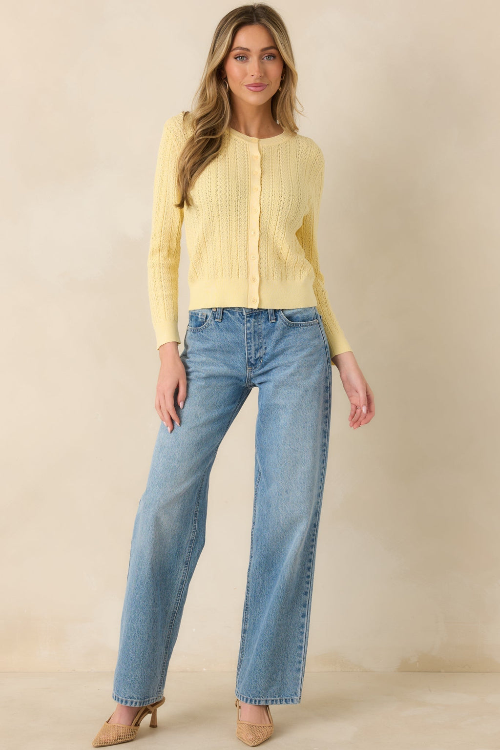 Women's Hello Sunshine Butter Yellow Pointelle Knit Cardigan | 80% Viscose & 20% Nylon 5