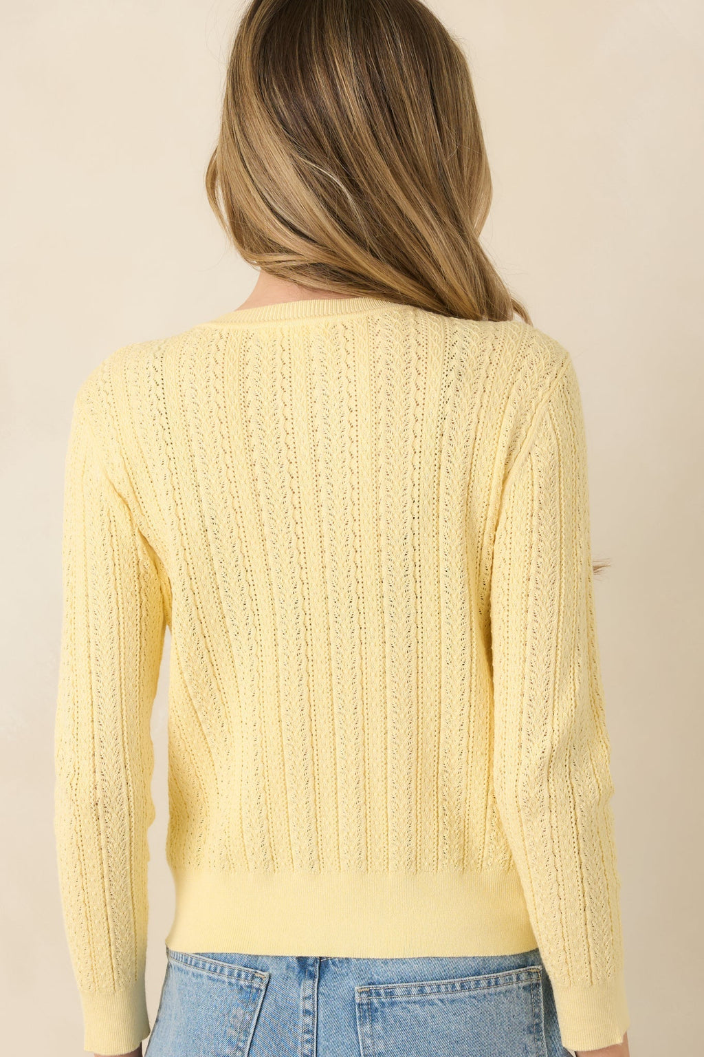 Women's Hello Sunshine Butter Yellow Pointelle Knit Cardigan | 80% Viscose & 20% Nylon 7