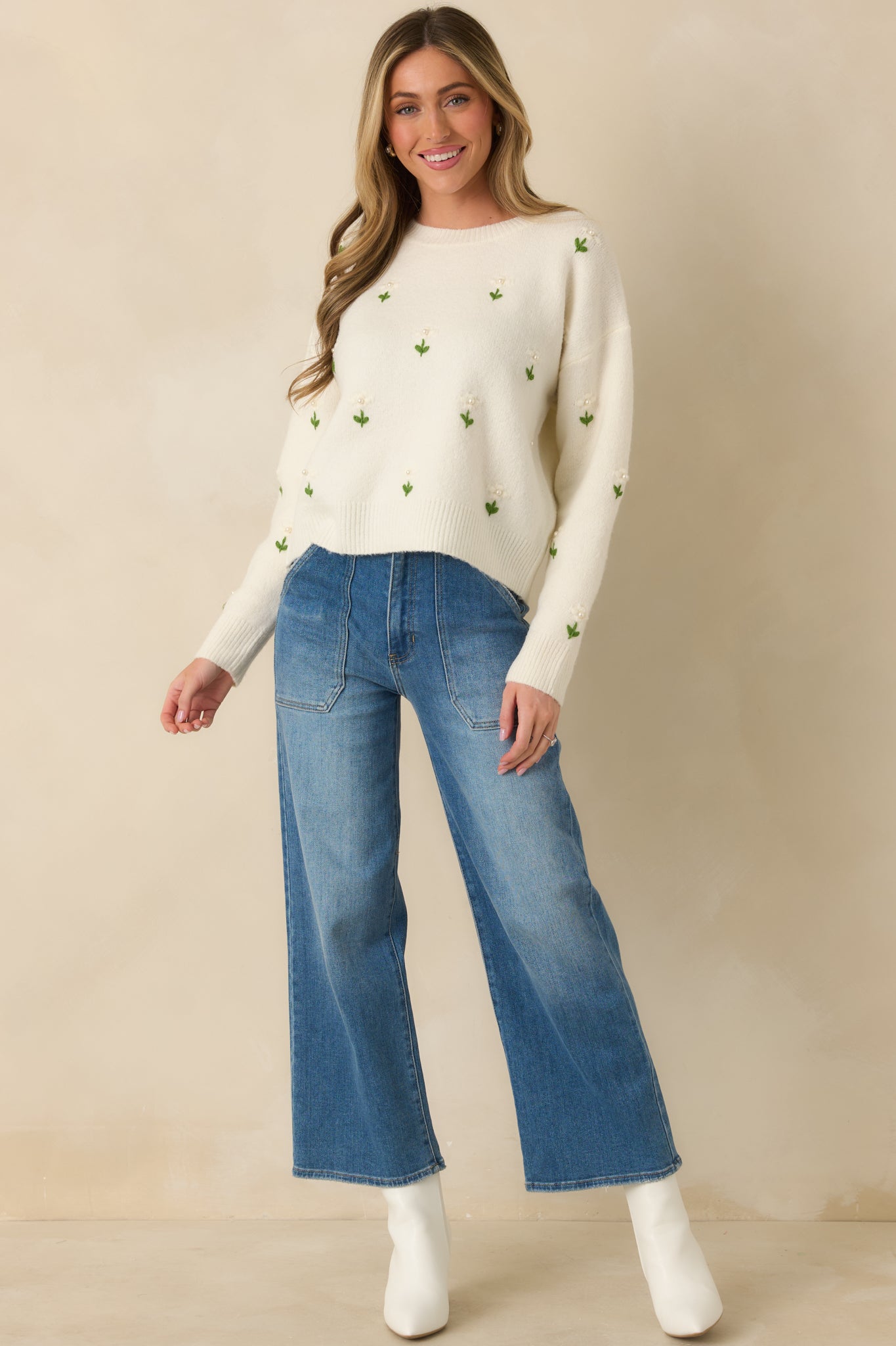 Women's Hidden Joys Ivory Floral Knit Sweater | 74% Acrylic 4