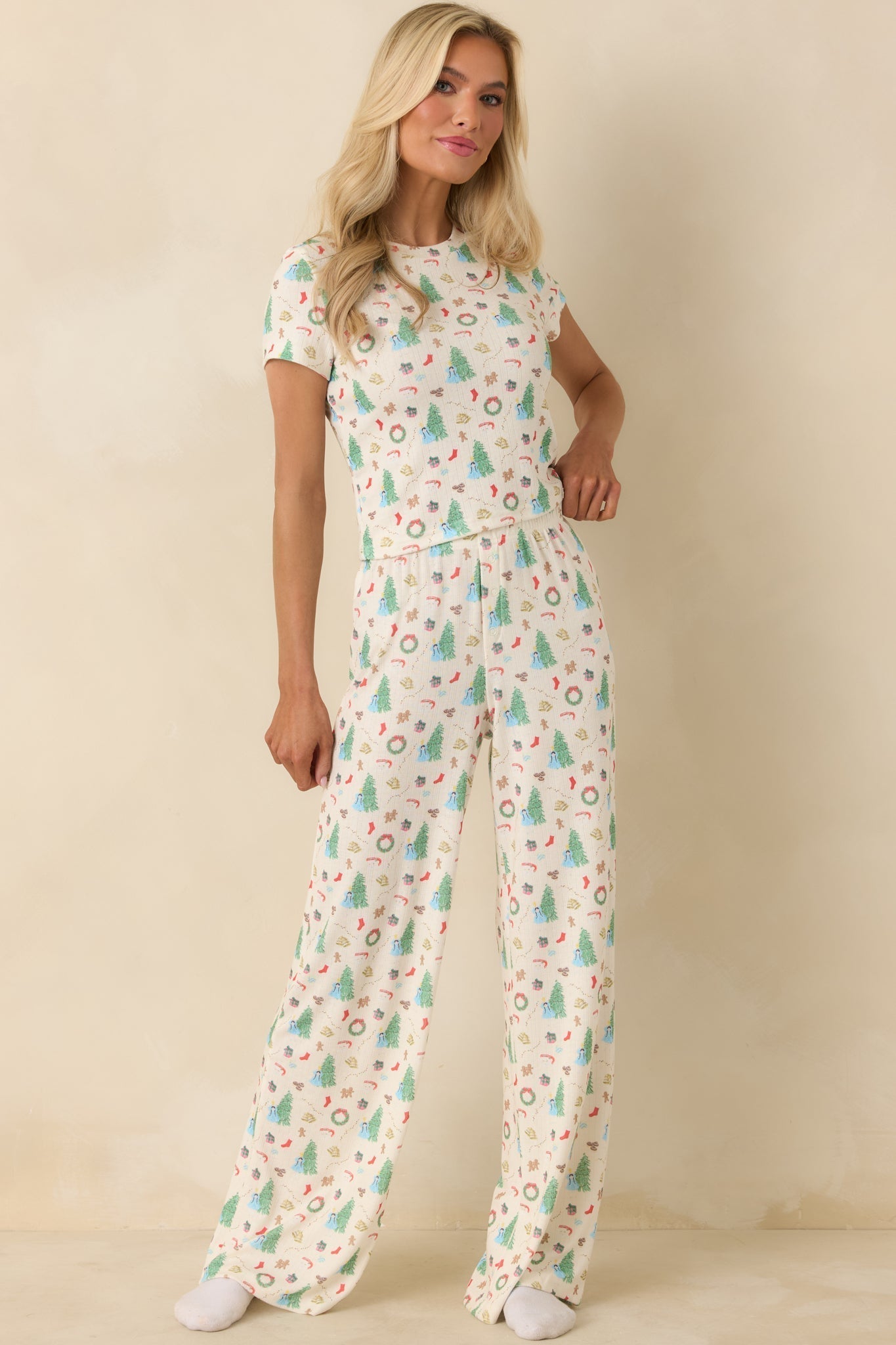 Women's Holiday Morning Ivory Multi Christmas Print Pajama Pants | 94% Polyester & 6% Spandex 4
