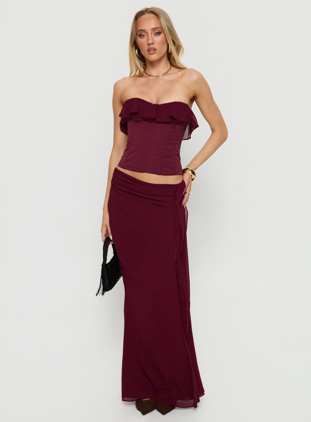 Women's Hollian Draped Maxi Skirt Wine | Maxi skirt with drape detail & mid-rise fit 2